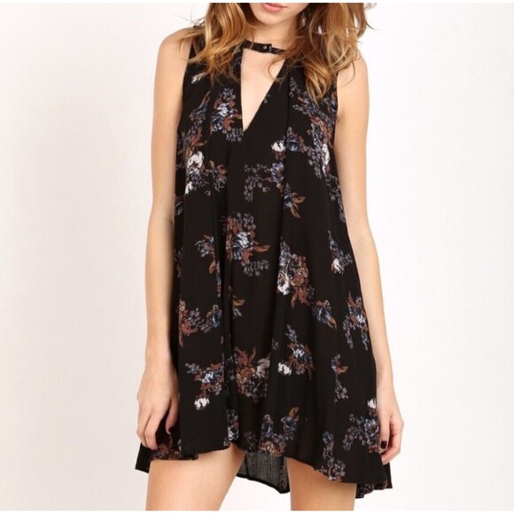 Free People Dress Small Tunic Black Floral Sleeveless Flowy Boho Cottage Western - Picture 1 of 9